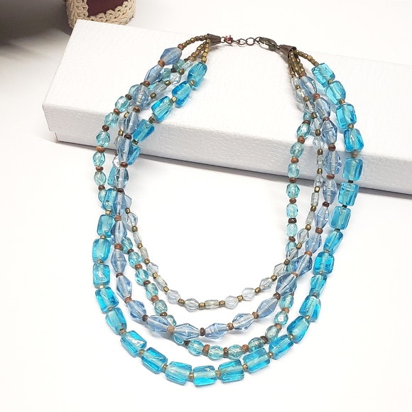 Vintage Jewelry - Vintage Blue Hue Glass Beaded Multi Strand Necklace